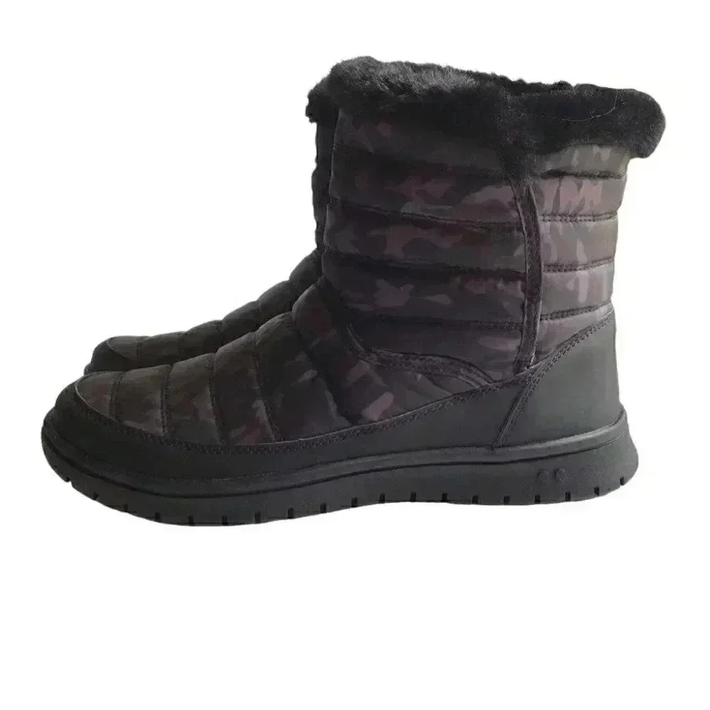 Ryka Snow Boots Womens 11 Black Suzy Quilted Camo Water Repellant Faux Fur Vegan